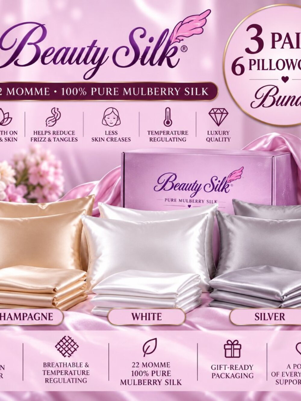 Beauty Silk 22 Momme 100% Pure Mulberry Silk Pillowcase Bundle 3 Pairs 6 Total - Picture 1 of 11